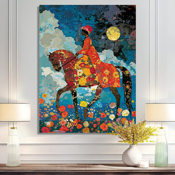 Lady Riding Horse Full Moon Flower Field - Horse Wall Art Prints